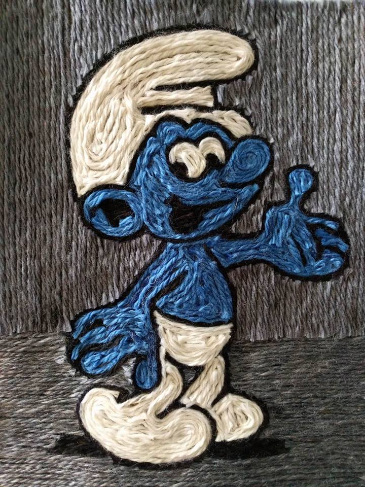"Smurf" (yarn painting secondary art lesson, teacher example). 2016. Fiber.